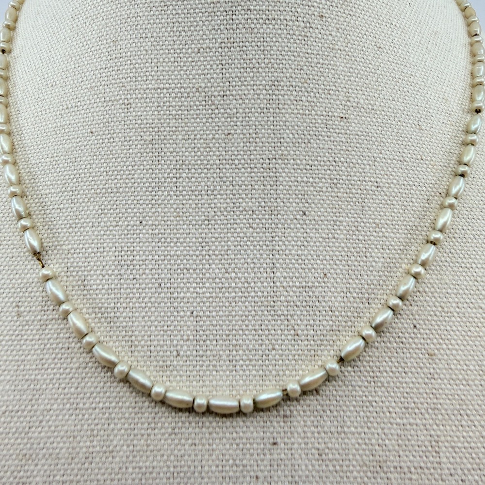 Vintage Faux Pearl Strand Necklace Rice Bead Bar Cream‎ Off White Classic Retro